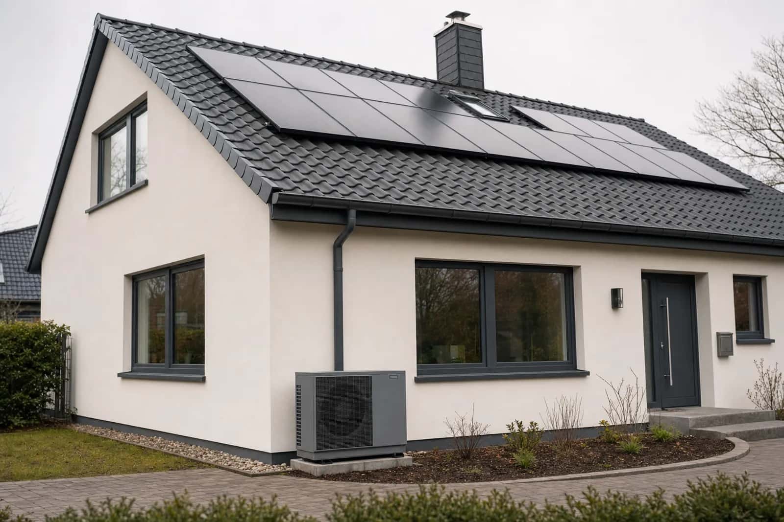 Energetisch saniertes Einfamilienhaus: hell verputzte Fassade mit Dämmung, neue anthrazitfarbene Fenster, Luft-Wärmepumpe an der Hauswand und Photovoltaik auf dem Ziegeldach