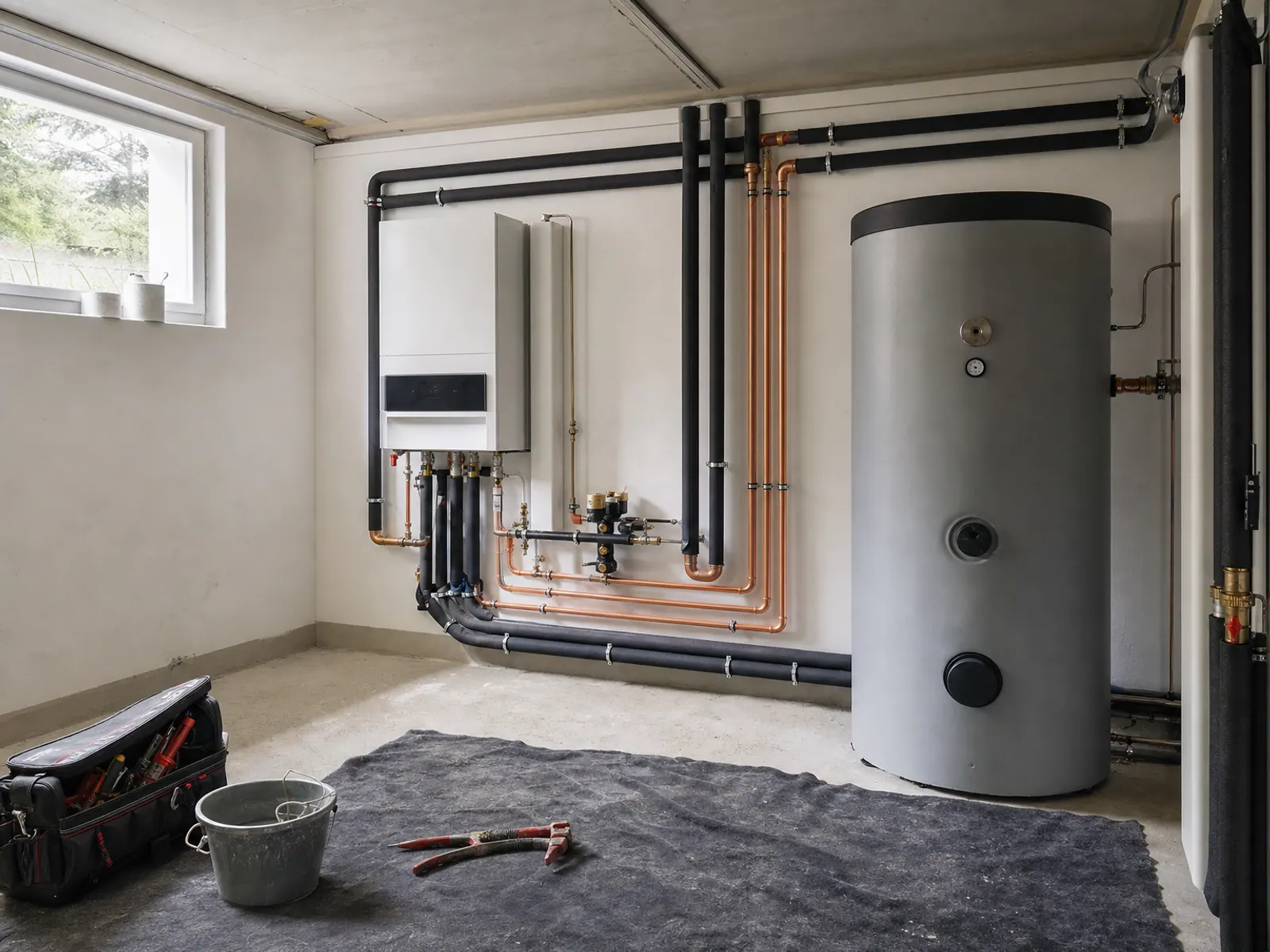 Hausanschlussraum mit fertig montierter Wärmepumpen-Inneneinheit, Pufferspeicher und sauber verlegten Kupferleitungen, davor die Werkzeugtasche des Heizungsbauers
