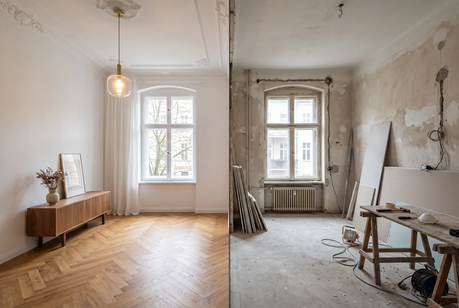 Ein Altbauzimmer in zwei Zuständen: Links fertig saniert mit Fischgrätparkett und weißem Stuck, rechts noch Rohbau mit freiliegenden Leitungen und gestapelten Platten