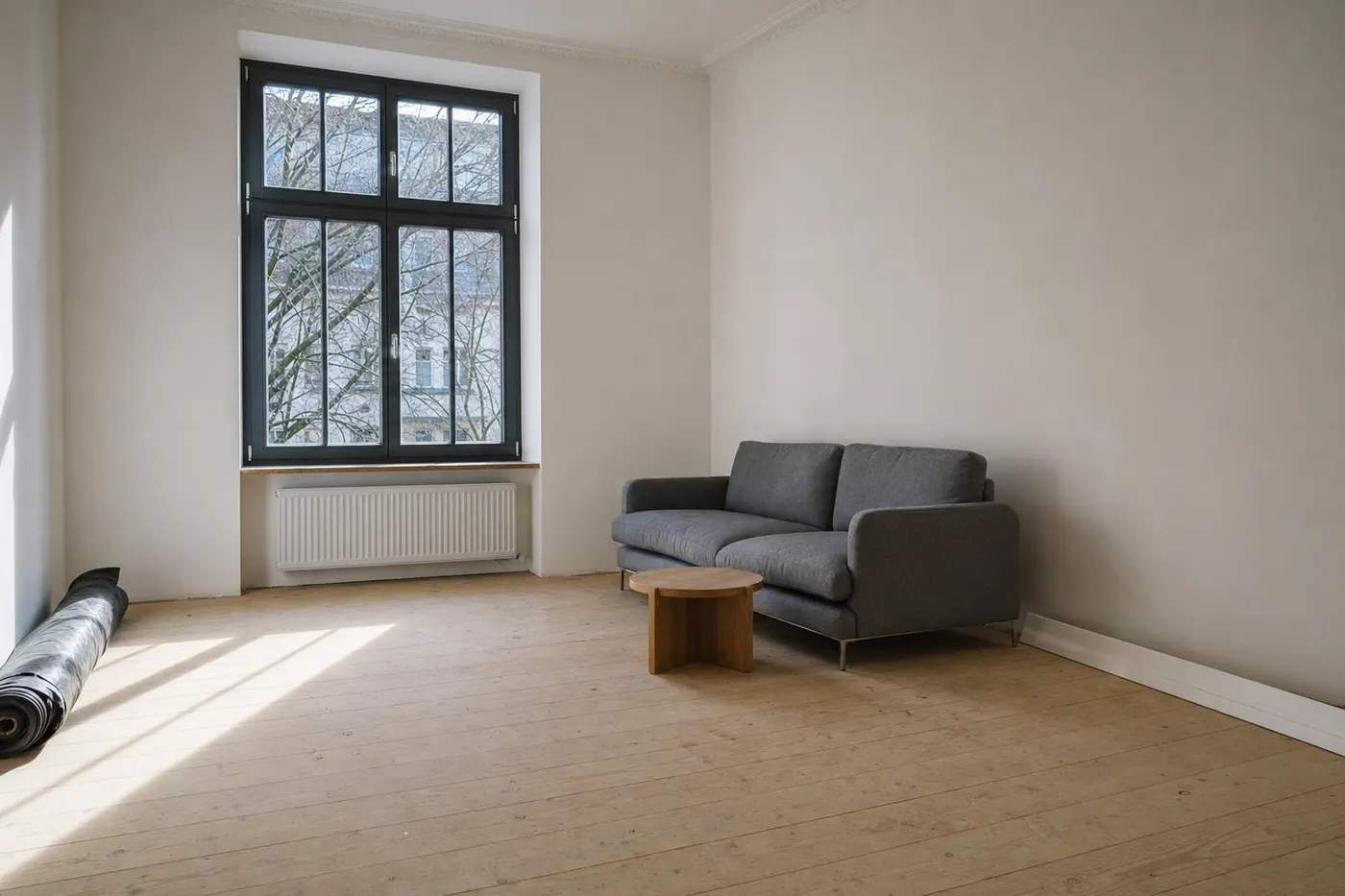 Wohnzimmer nach dem Wiederaufbau: geschliffene Dielen, weiß gestrichene Wände, ein hohes Sprossenfenster mit Heizkörper darunter und ein einzelnes Sofa