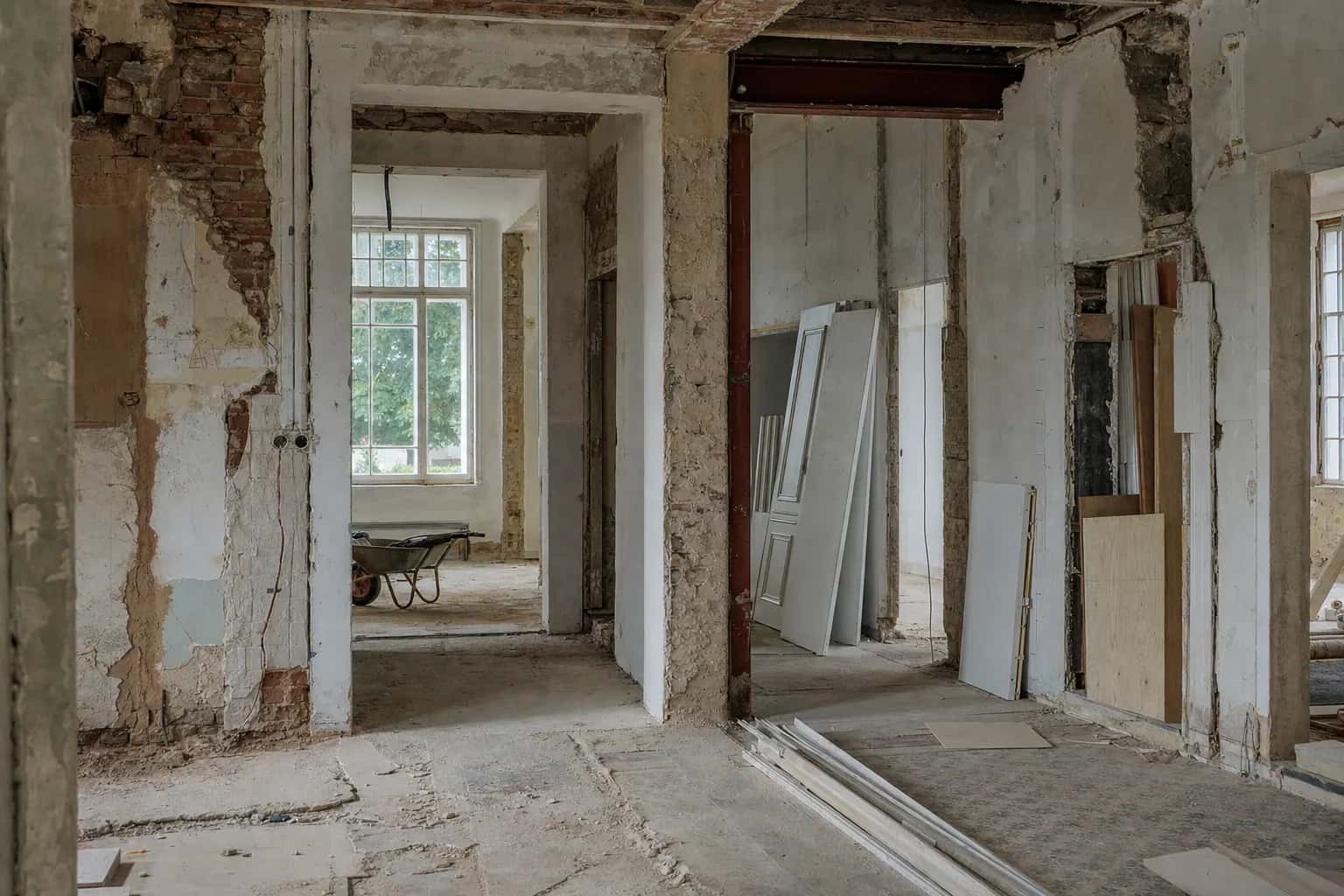 Sanierungsbedürftiger Altbau mit unverputzten Wänden, Bauschutt, Baumaterialien und Schubkarre im Innenraum