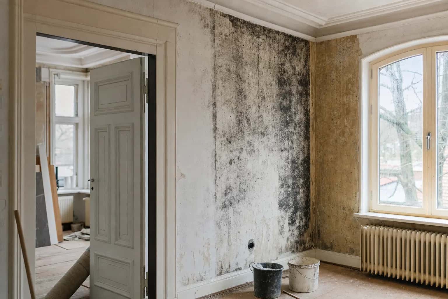 Altbauzimmer mit offenem Fenster, weißen Wänden, Heizkörper und großflächigem schwarzen Schimmelbefall an der Wand
